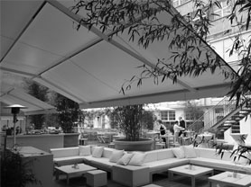 folding arm awnings for the hospitality industries, pic in b/w