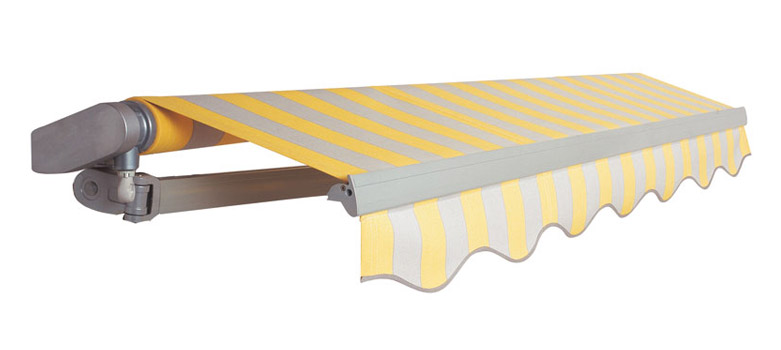 Awning VENTURA TREND with yellow and grey stripes and visible front profile is closing