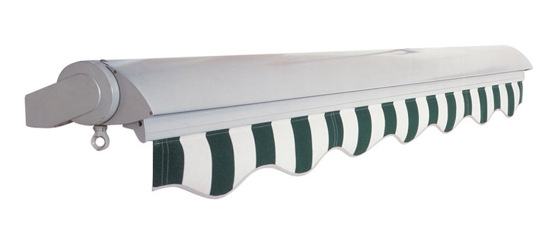 Awning VENTURA TREND with adjustable hood profile, awning with green stripes