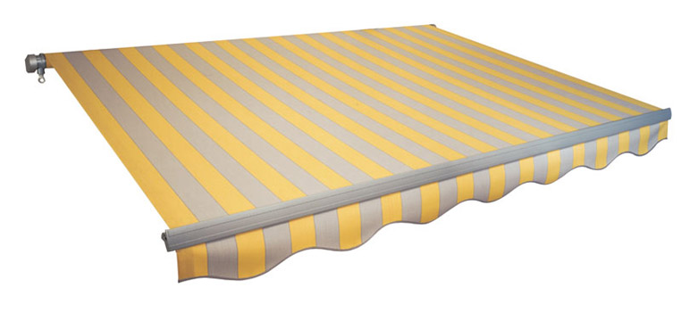 Awning VENTURA TREND with yellow and grey stripes and visible front profile
