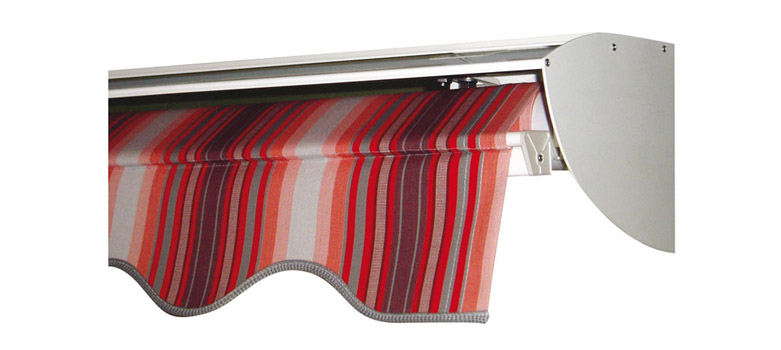 Awning VENTURA TREND with fixed hood profile, awning with red stripes