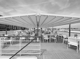 Large pergola system for the hospitality industry, pic in b/w